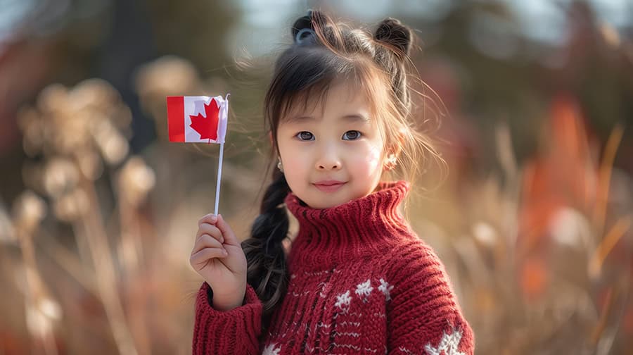 Young Child Holding Canadian Flag Open Field